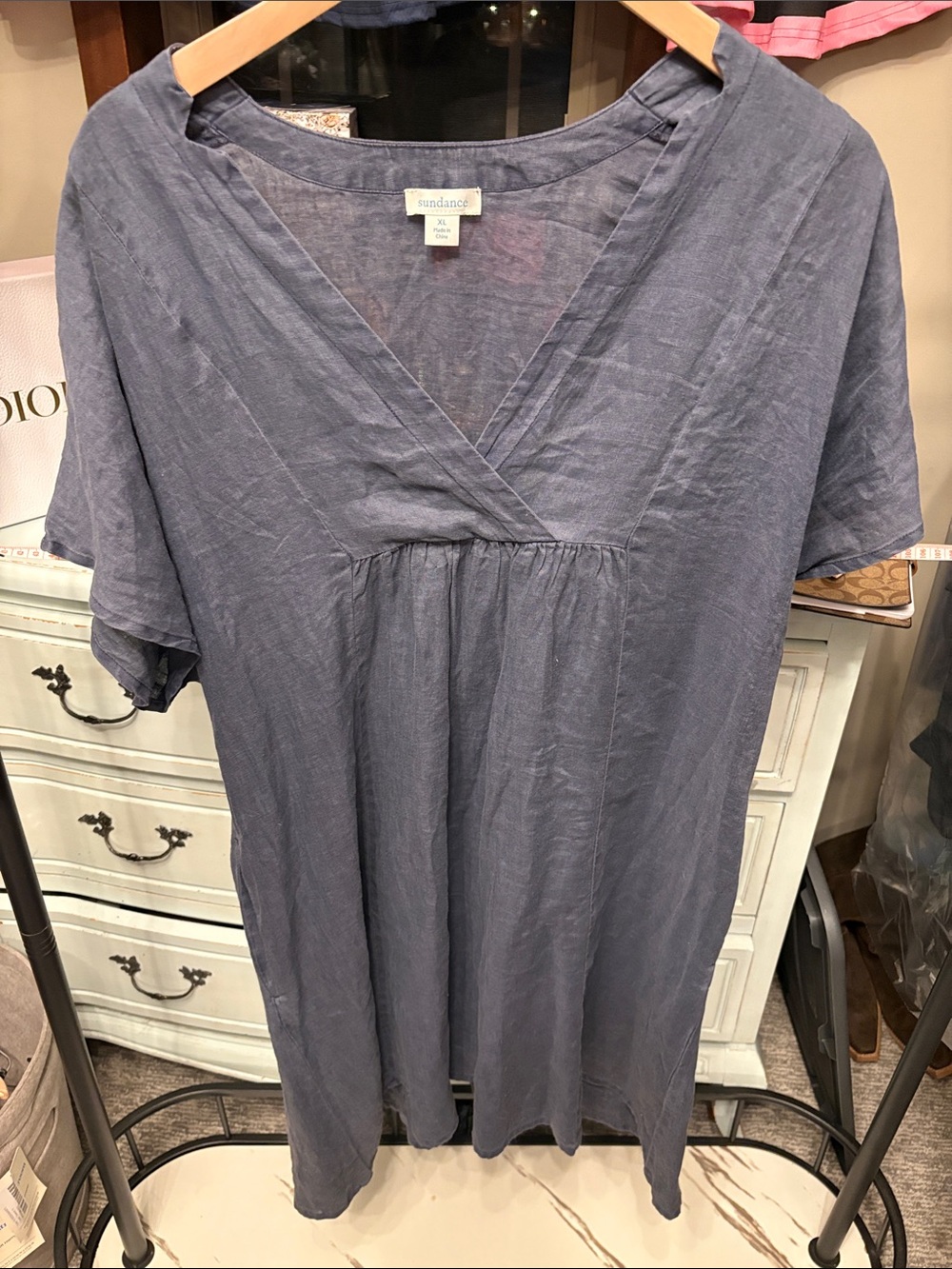 Sundance Linen V-Neck Tunic Dress in Slate Blue